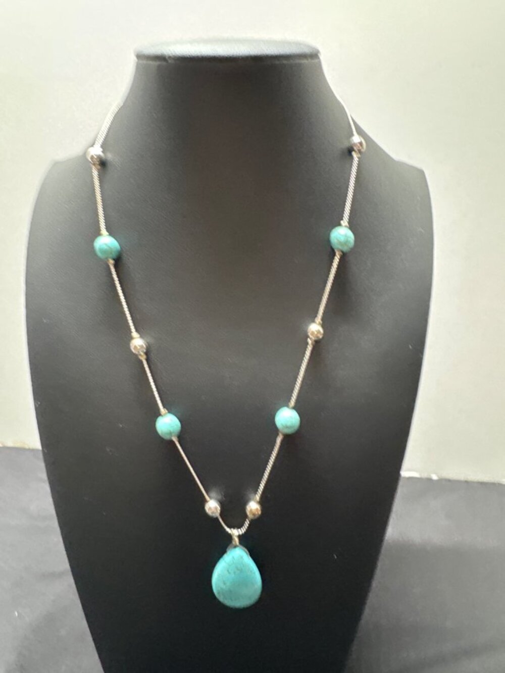 Turquoise Pendant Necklace With Silver-Tone Chain & Beads Adjustable Length